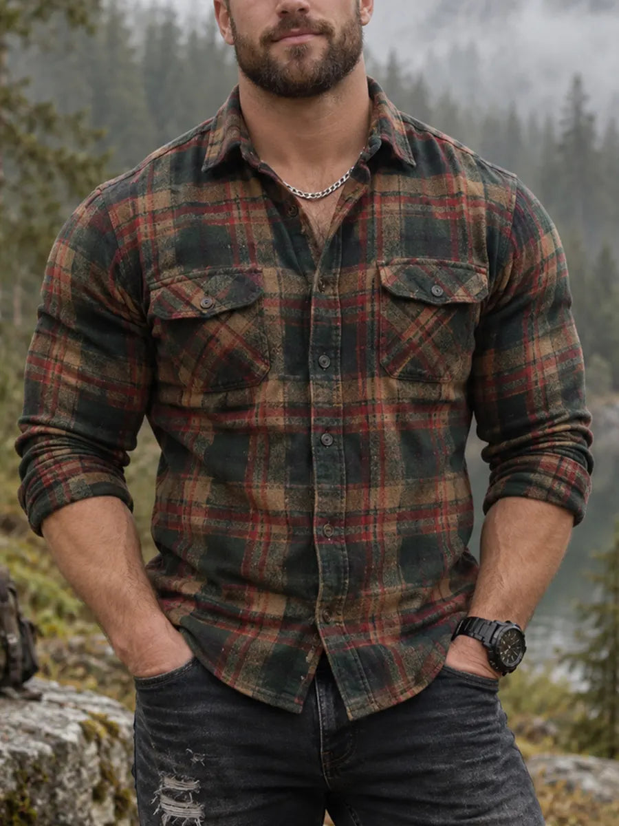 Vintage Hunting Culture Plaid Print Long Sleeve Button-Front Shirt
