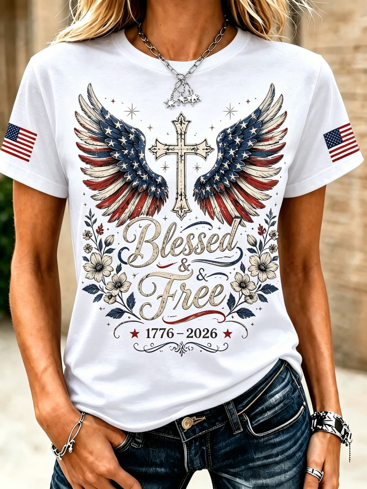 American Flag Faith Cross Commemorative Print Round Neck T-Shirt