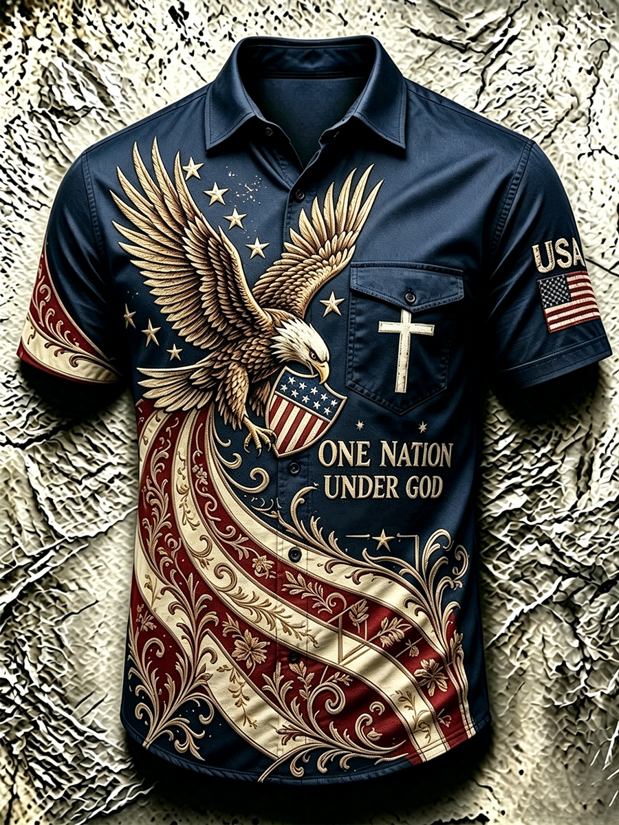 Men'S American Star Spangled Banner Commemorative Printed Pocket Shirt