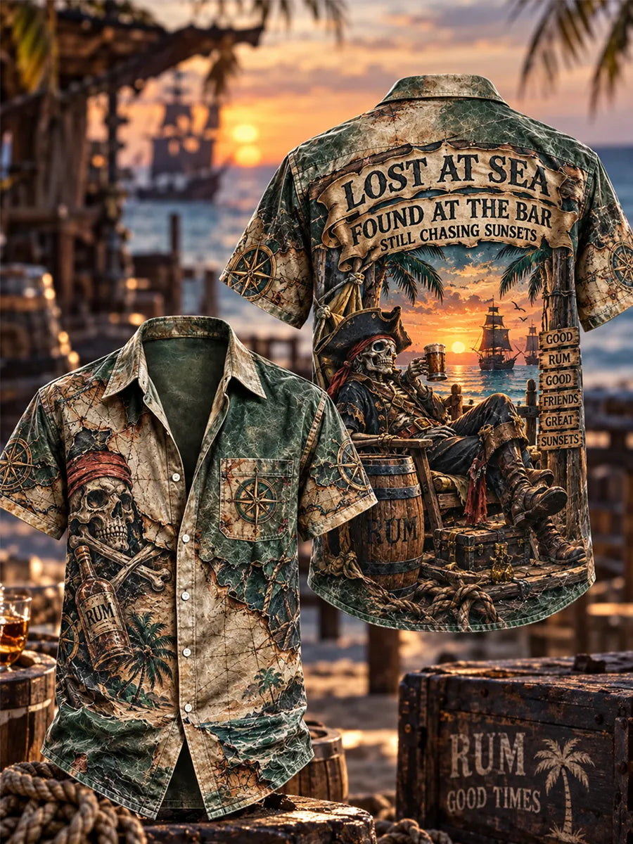 Men’s Lost at Sea Found at the Bar Sunset Pirate Graphic Pocket Shirt