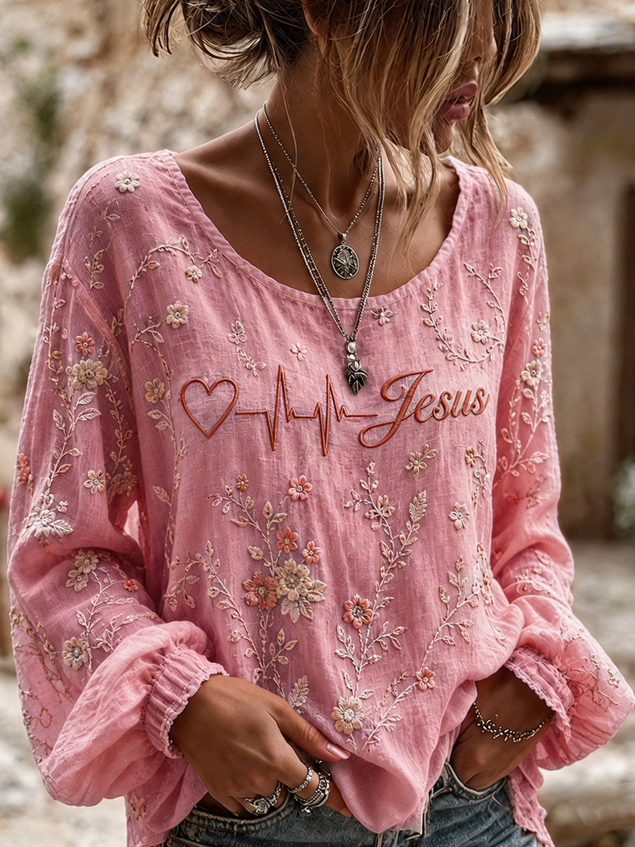 Women's Heartbeat Jesus Floral Embroidery Round Neck Long Sleeve Loose Casual Blouse