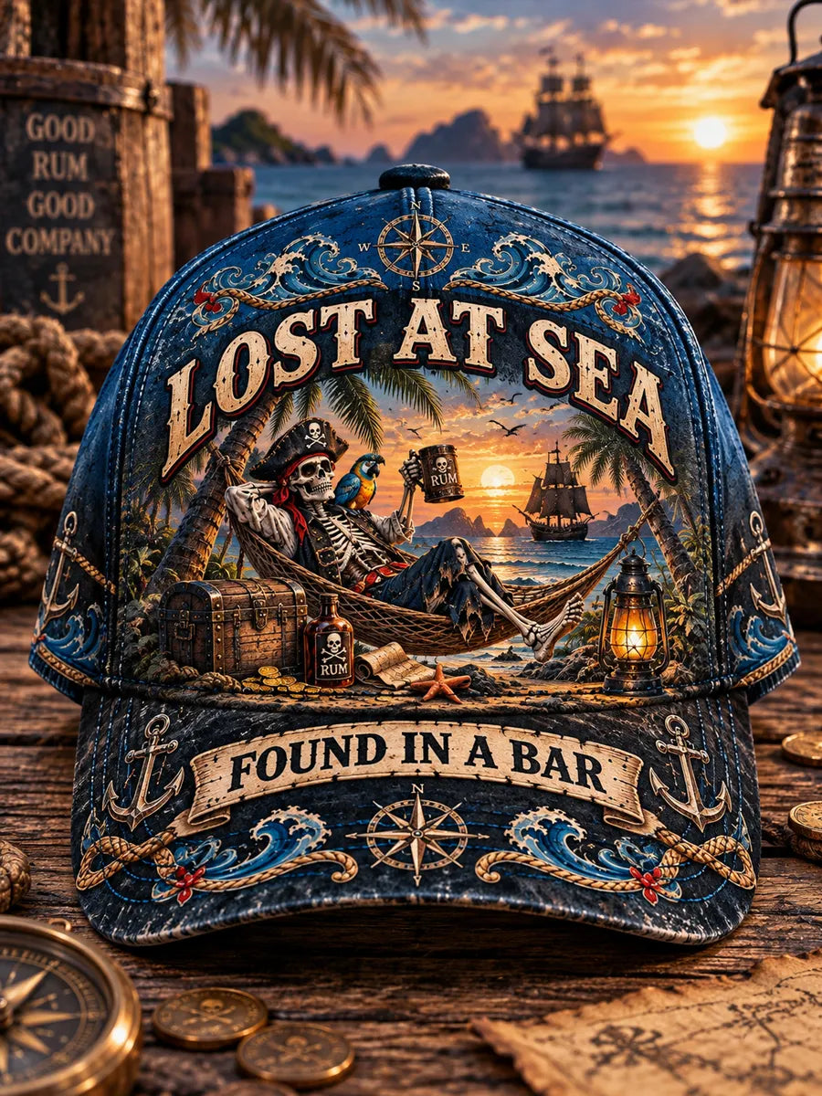 Retro Pirate's Old Salt "LOST AT SEA FOUND AT THE BAR" Printed Baseball Cap