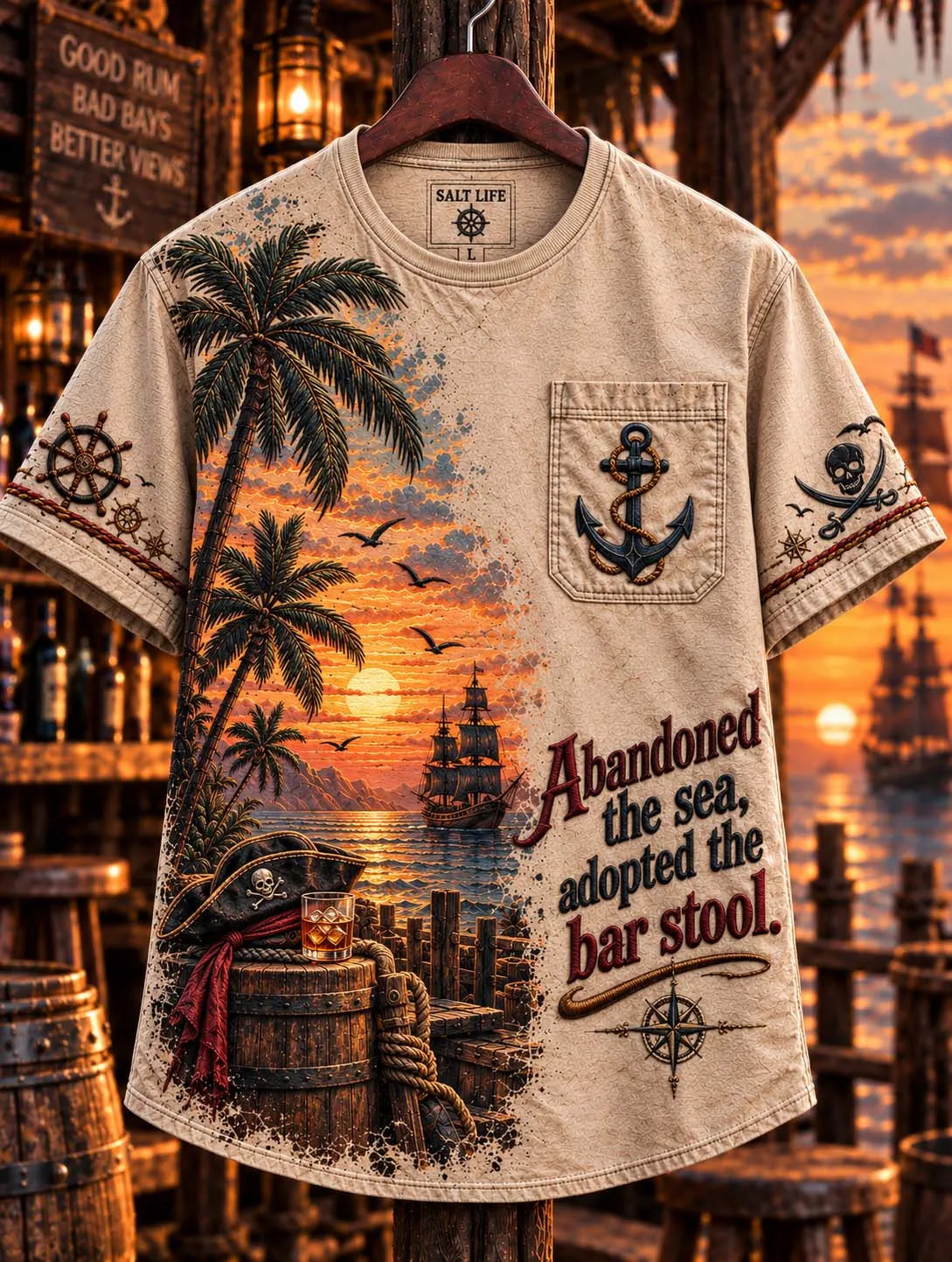 🌴 ⚓ Abandoned The Sea Adopted The Bar Stool 🏴‍☠️ Sunset Ocean Palm Tree Pocket T-Shirt