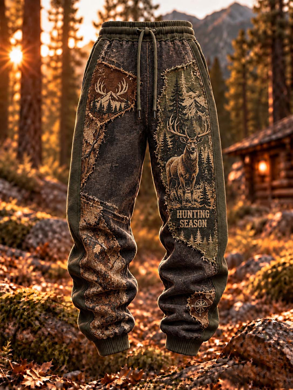🌲 Hunting Season Stag Wilderness Mountain Patchwork Sweatpants