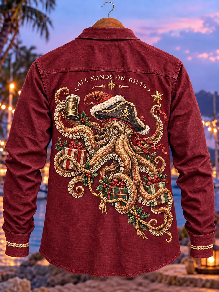 Men's Funny Christmas Pirate Octopus Print Long Sleeve Shirt