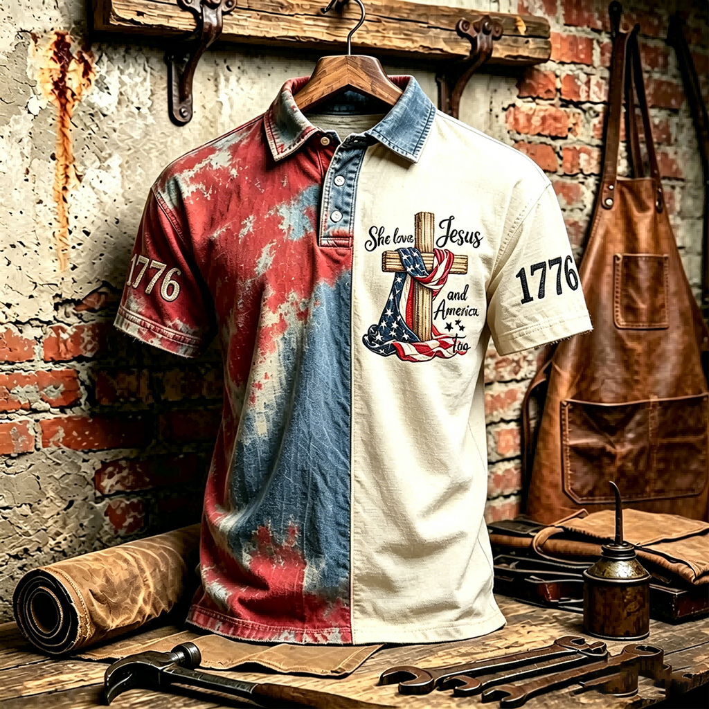 Men'S 250Th Anniversary Of The United States - Cross Art Printed Polo Shirt Of Jesus And The American Flag