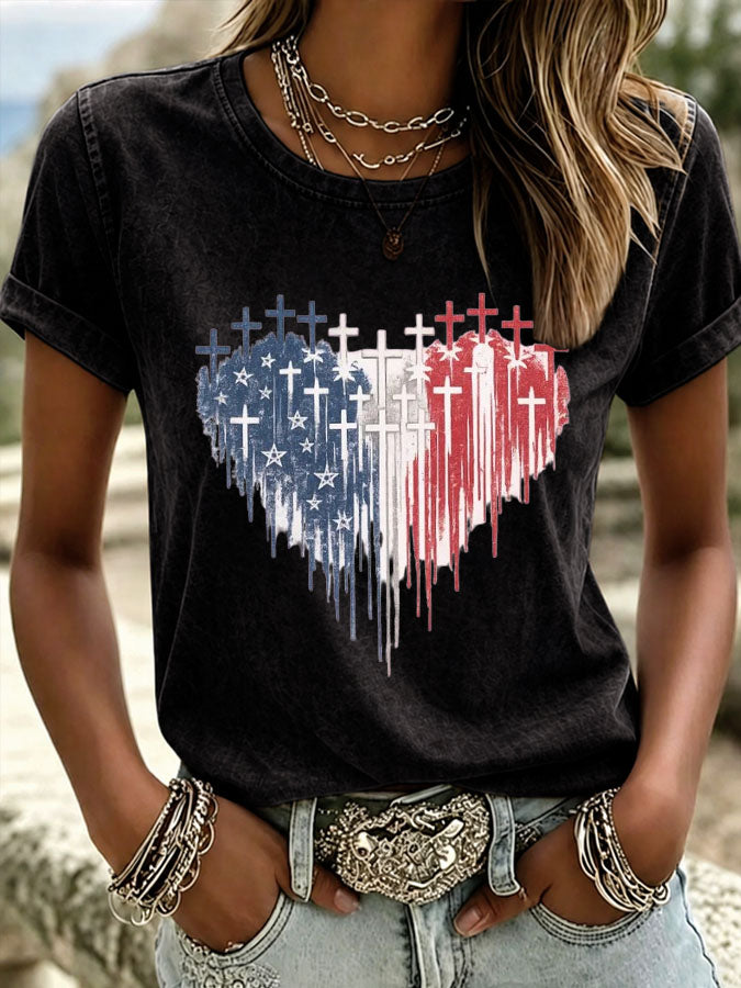 Women'S Christian Patriotic Cross Printed Casual T-Shirt