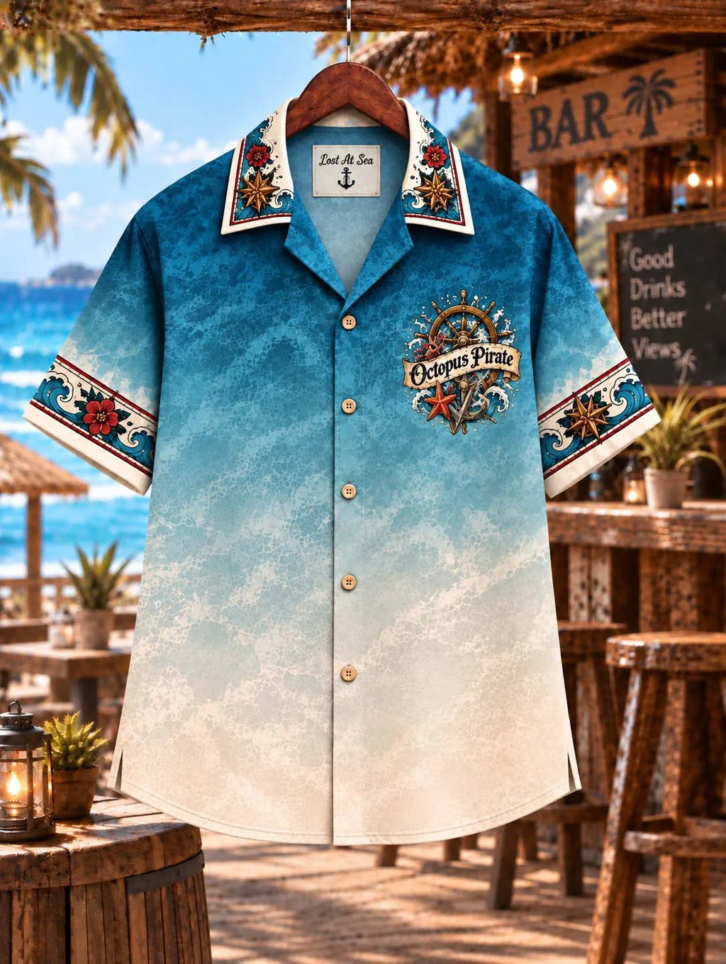 ☠️ Octopus Pirate Vintage Nautical Treasure Chest & Anchor Blue Beach Shirt