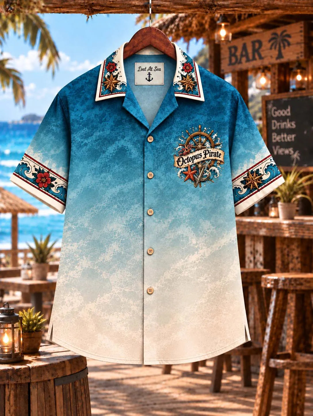 ☠️ Octopus Pirate Vintage Nautical Treasure Chest & Anchor Blue Beach Shirt