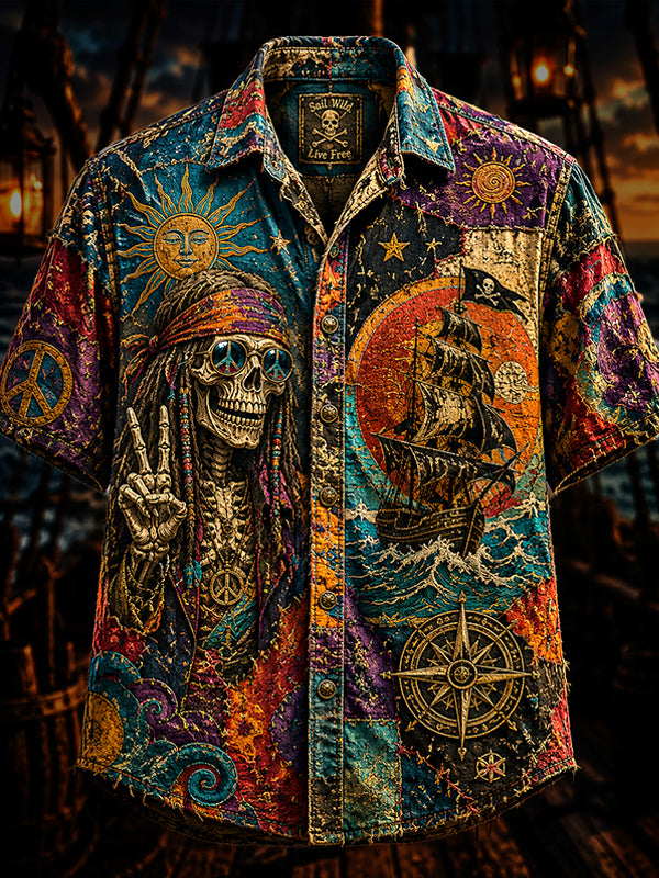 Men's Hippie Skull Fun Pirate Art Print Casual Shirt