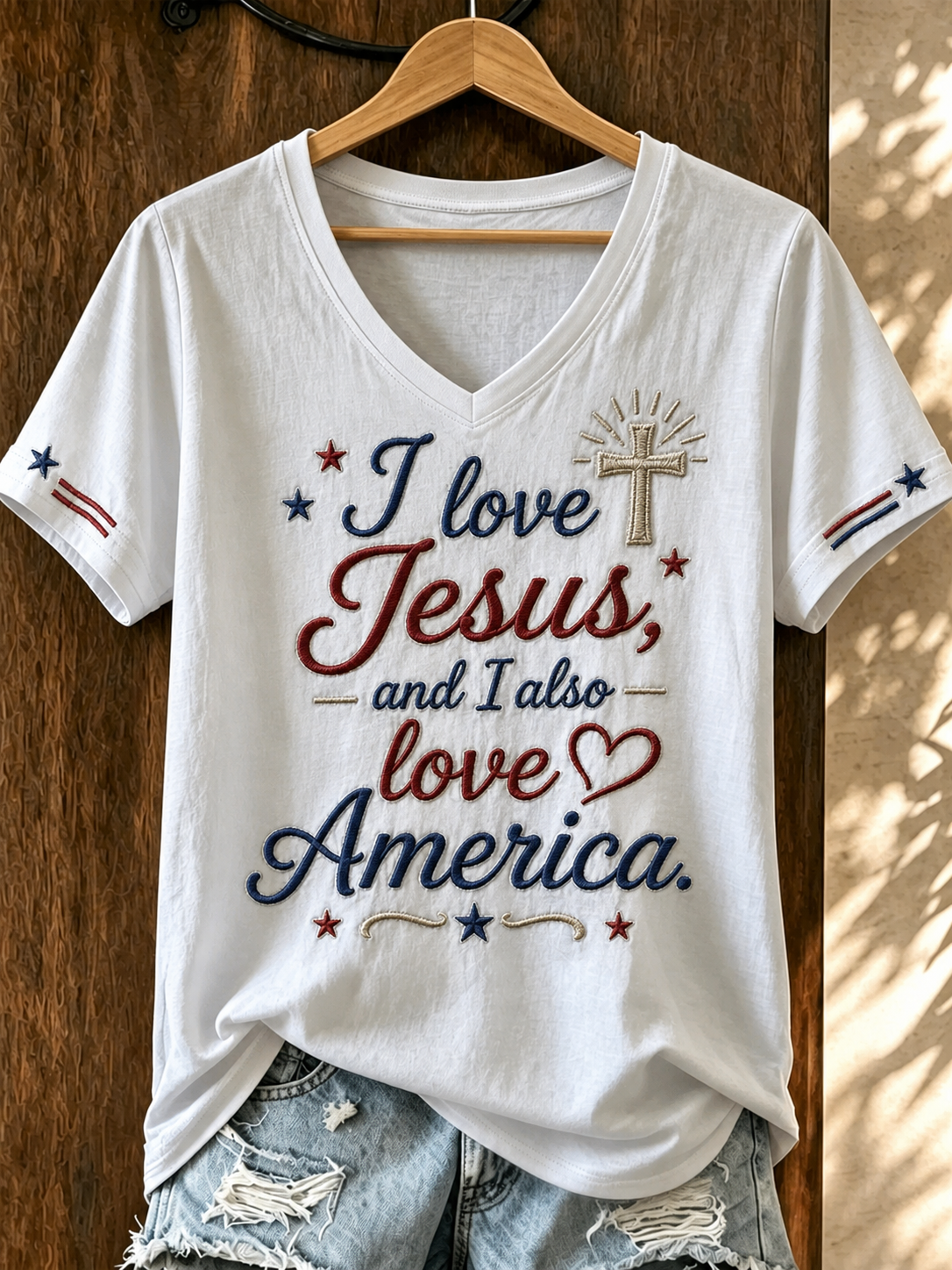 American Faith Jesus Cross Commemorative Print V-neck T-shirt
