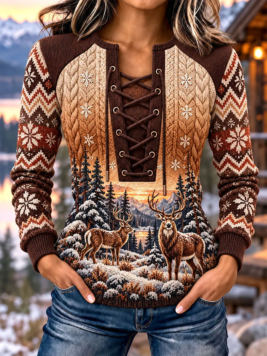 Women's Vintage Double Deer Mountain Print Stitch Detail Lace-Up Sweatshirt