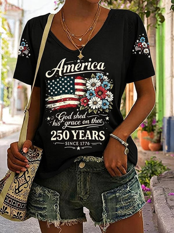 1776-2026 American Women'S 250Th Anniversary Printed V-Neck T-Shirt