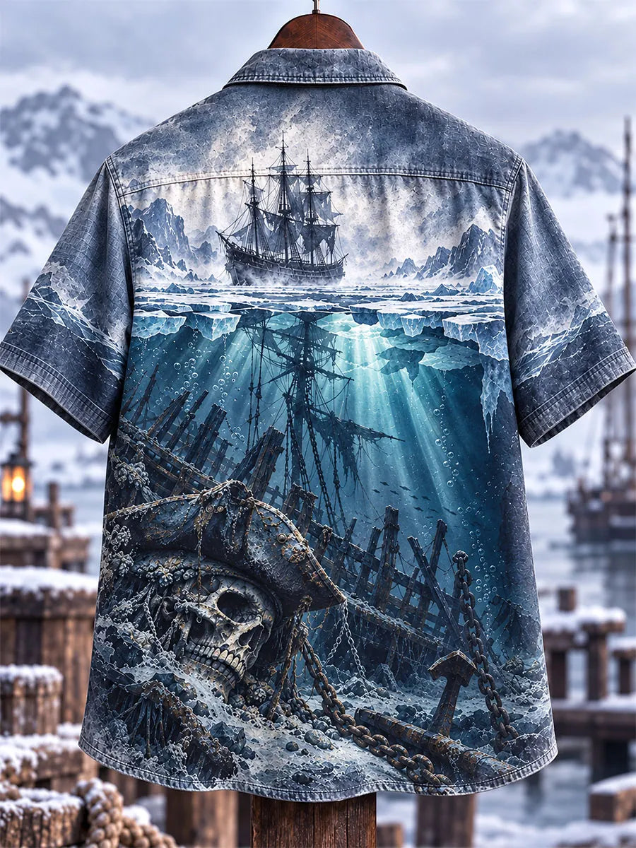 Men's Dark Arctic Ghost Ship & Pirate Skull Print Short Sleeve Shirt