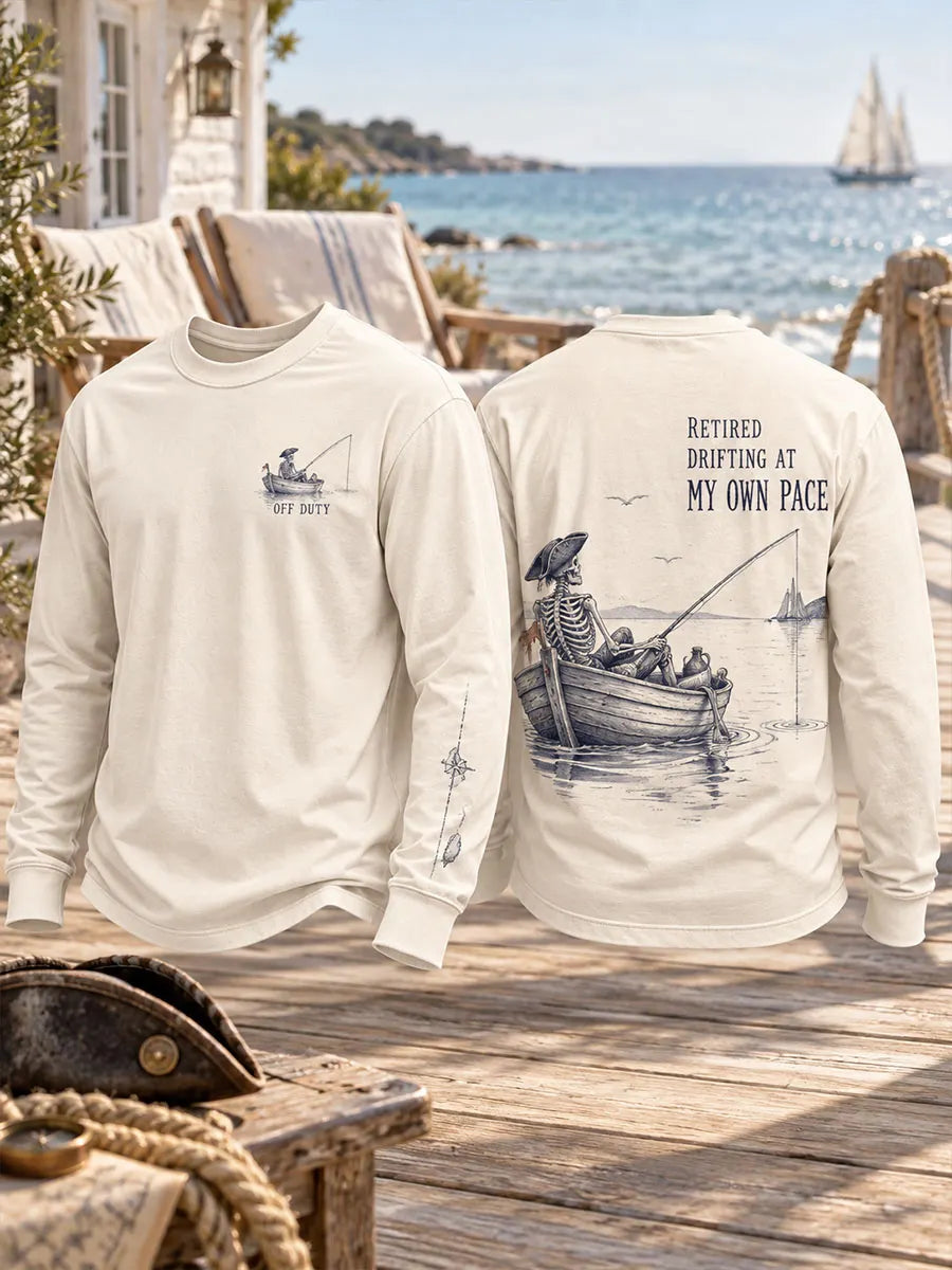 Men’s Retired Pirate Leisure Fishing Long Sleeve Crewneck T-Shirt