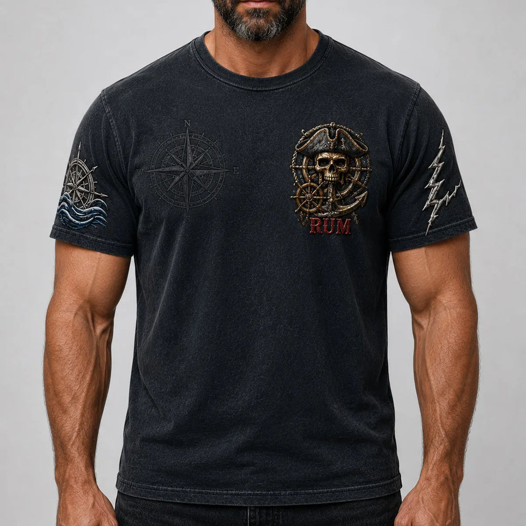 Men’s Runs on Rum Bad Decisions and Sea Air Pirate Skeleton Graphic T-Shirt