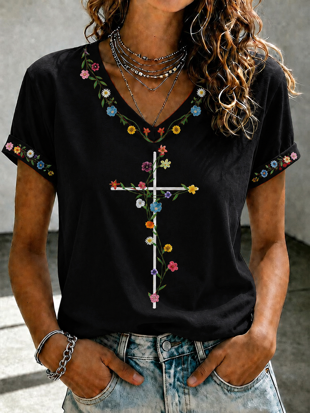 Women'S Faith Flower Art Printed Casual T-Shirt