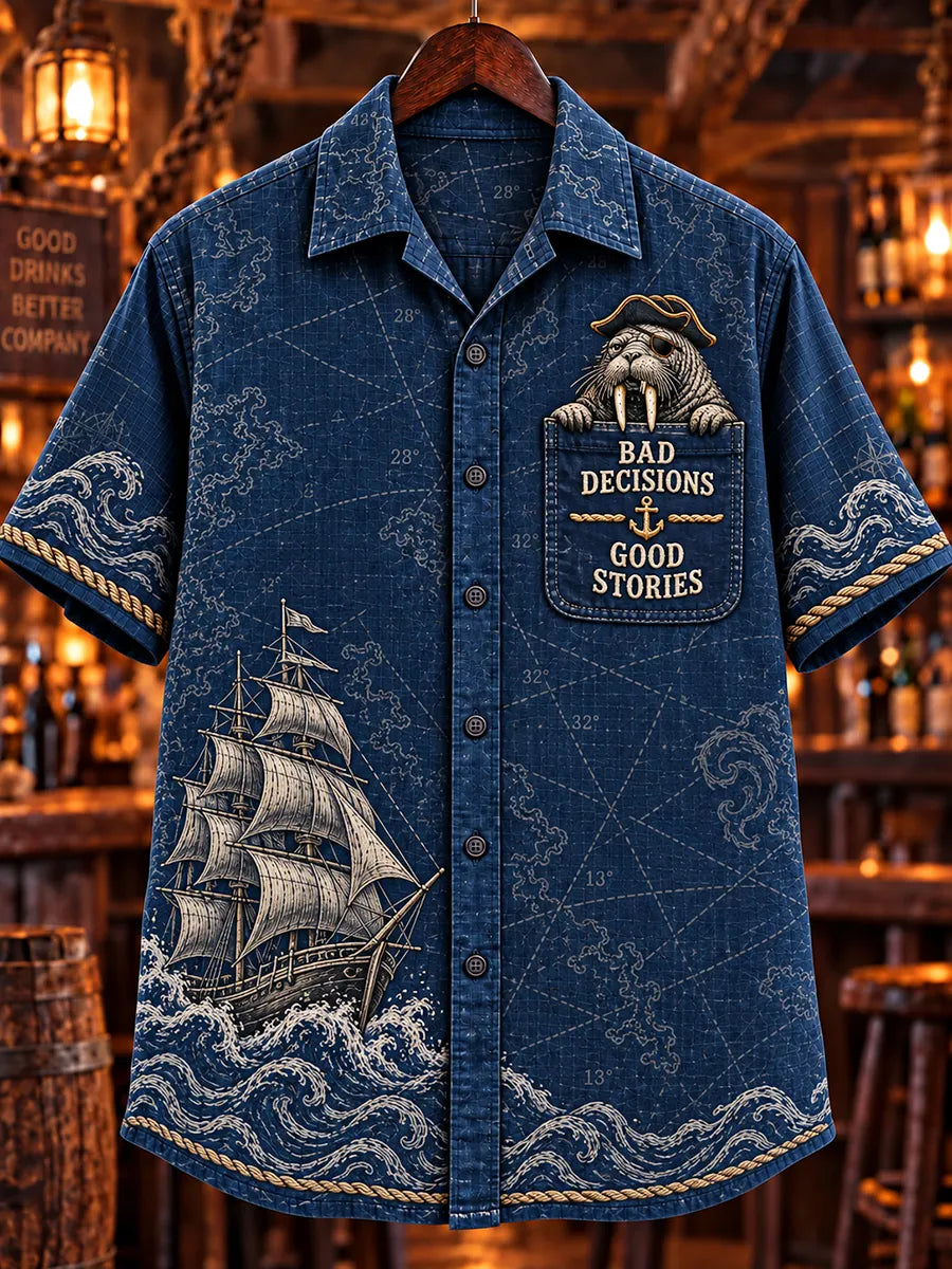 🍺"Bad Decisions Good Stories" Pirate Walrus Denim Shirt🦭