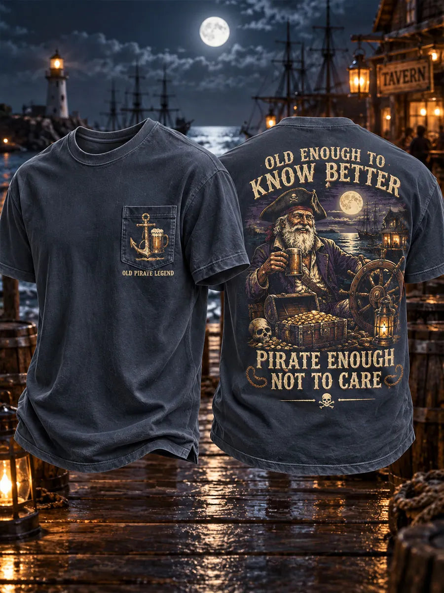 Men’s Old Pirate Legend Vintage Washed Front and Back Graphic Pocket T-Shirt