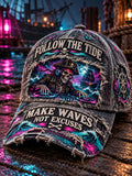 Follow the Tide Pirate Skeleton DJ Neon Baseball Cap