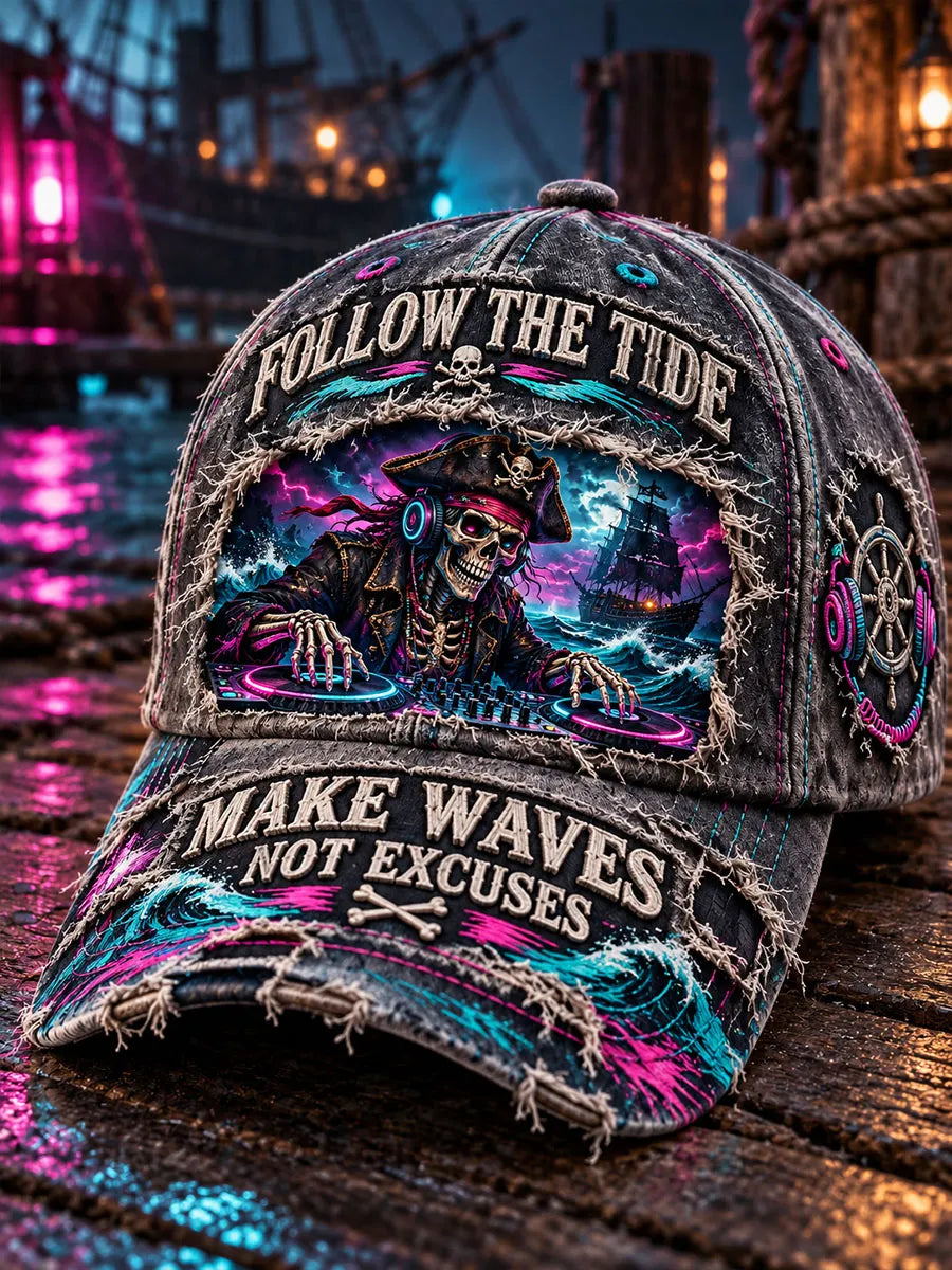 Follow the Tide Pirate Skeleton DJ Neon Baseball Cap