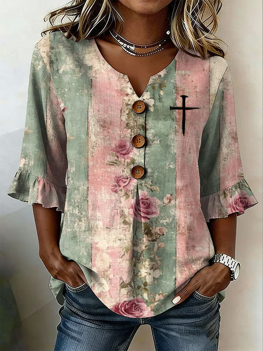 Women'S Casual Retro Print Button-Up Shirt