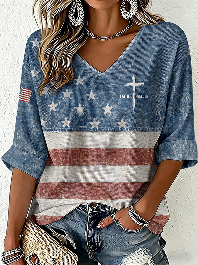 Women'S Clothing Belief Freedom Flag Print Casual Waffle Top