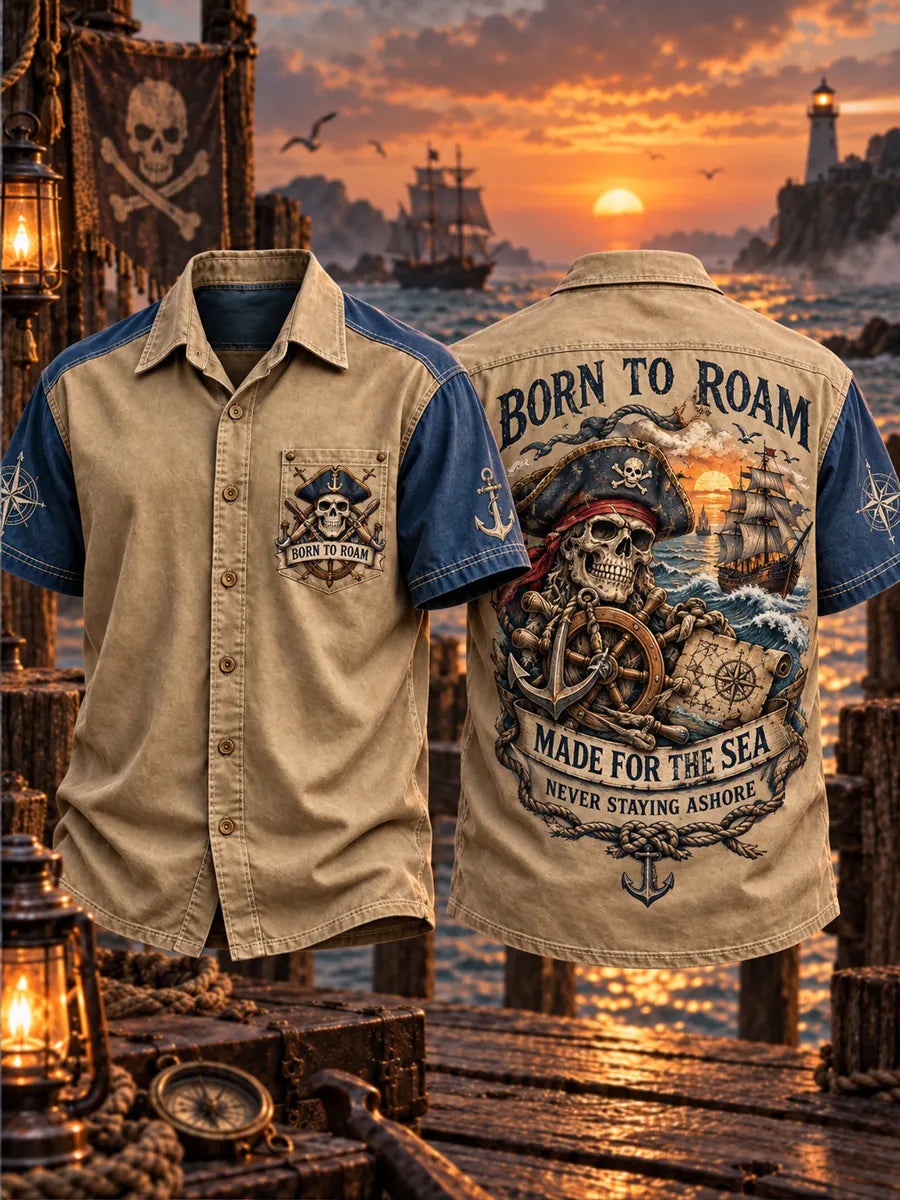 Men’s Vintage Old Salt Pirate Printed Short Sleeve Shirt