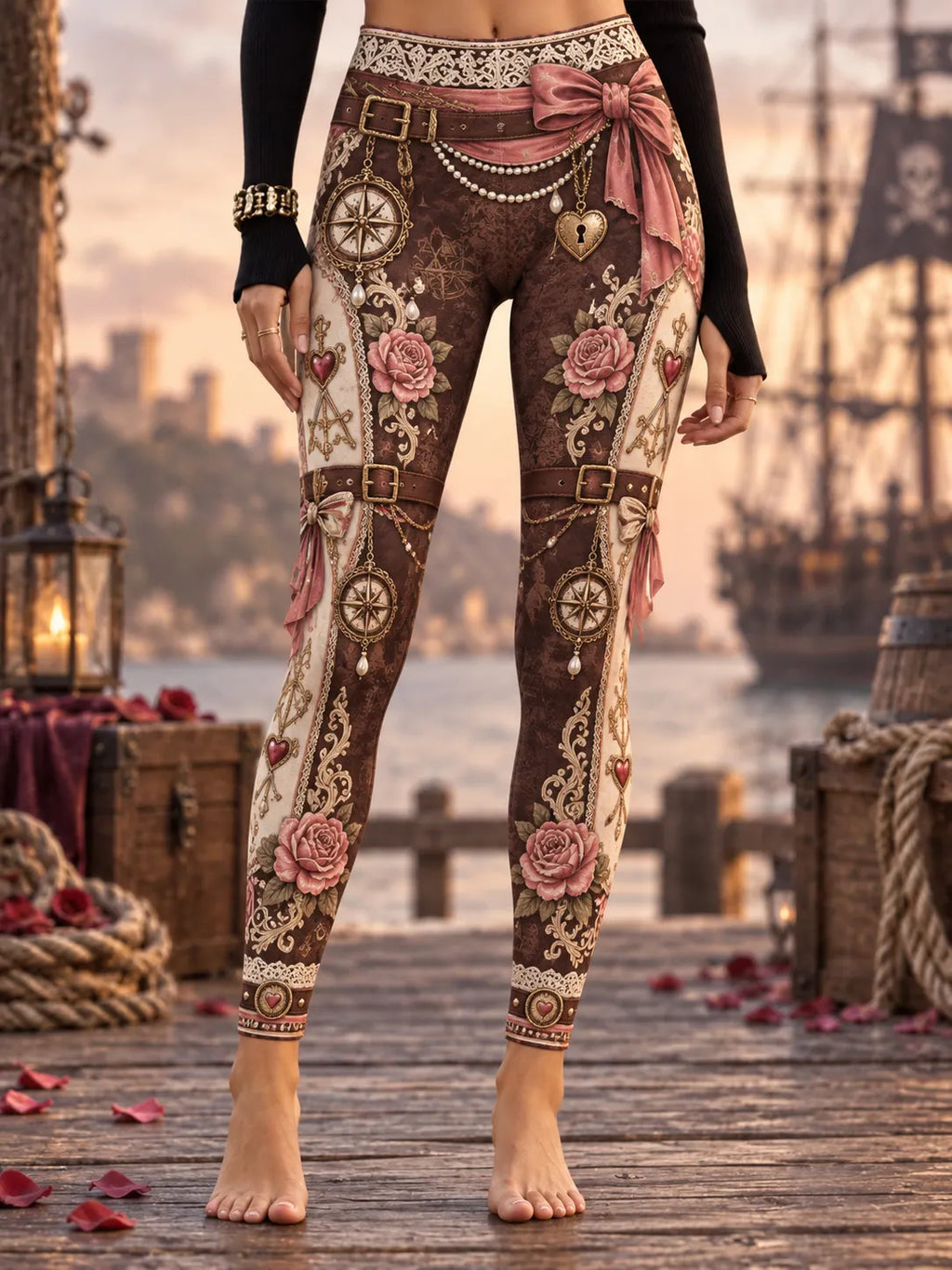 Women's Vintage-Style Pirate Art Print Casual Leggings