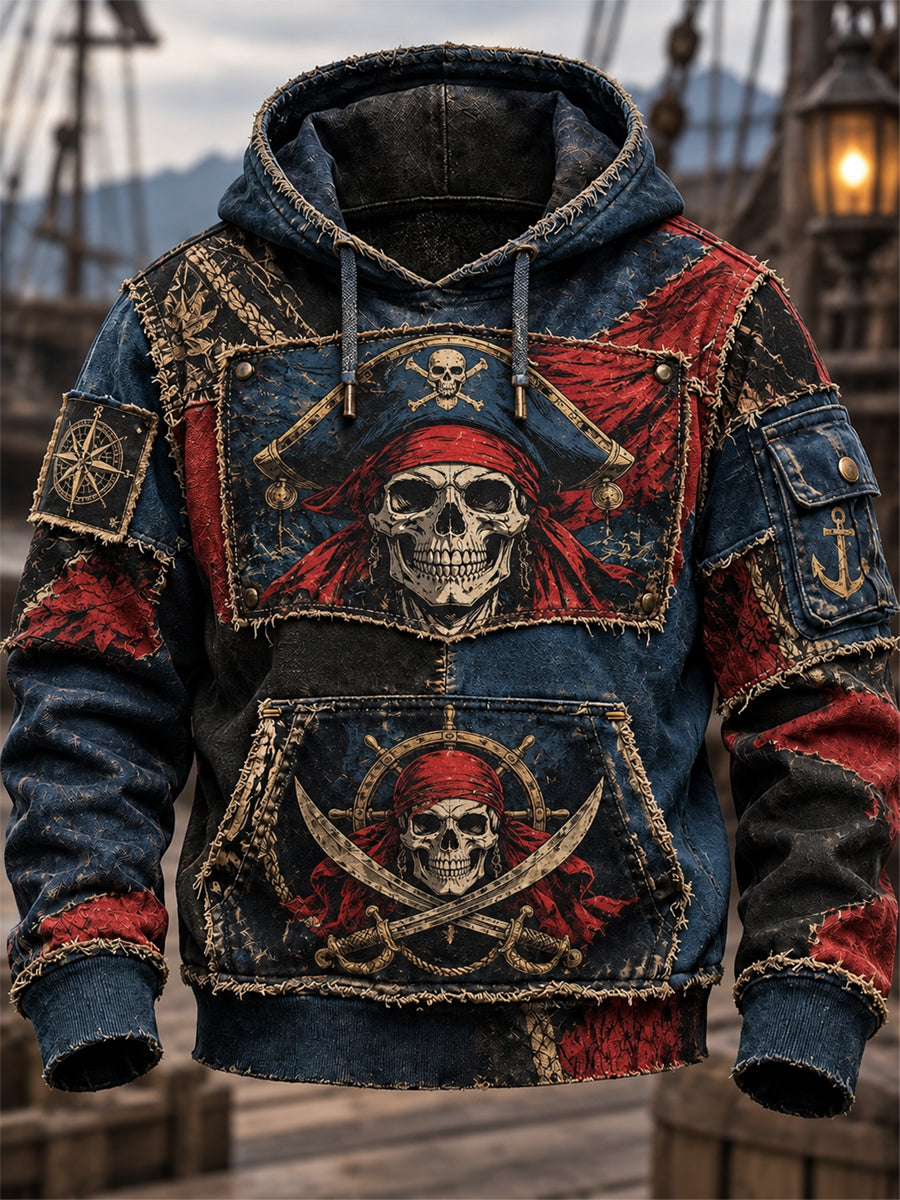 Men's Vintage Pirate Skull Art Print Casual Hoodie