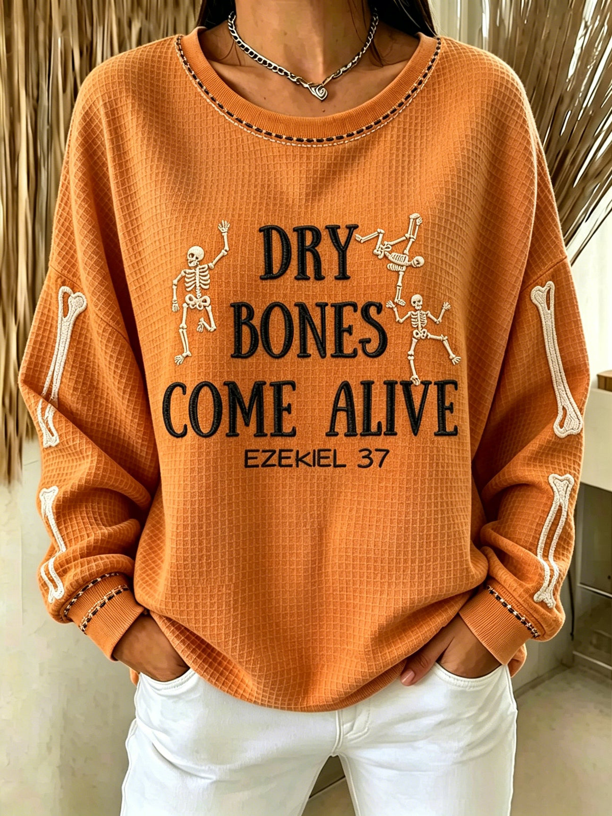 Women's Casual Printed Waffle Long-Sleeve Top