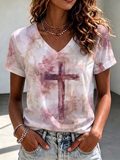 Women'S Casual Floral Faith Cross Print V-Neck T-Shirt