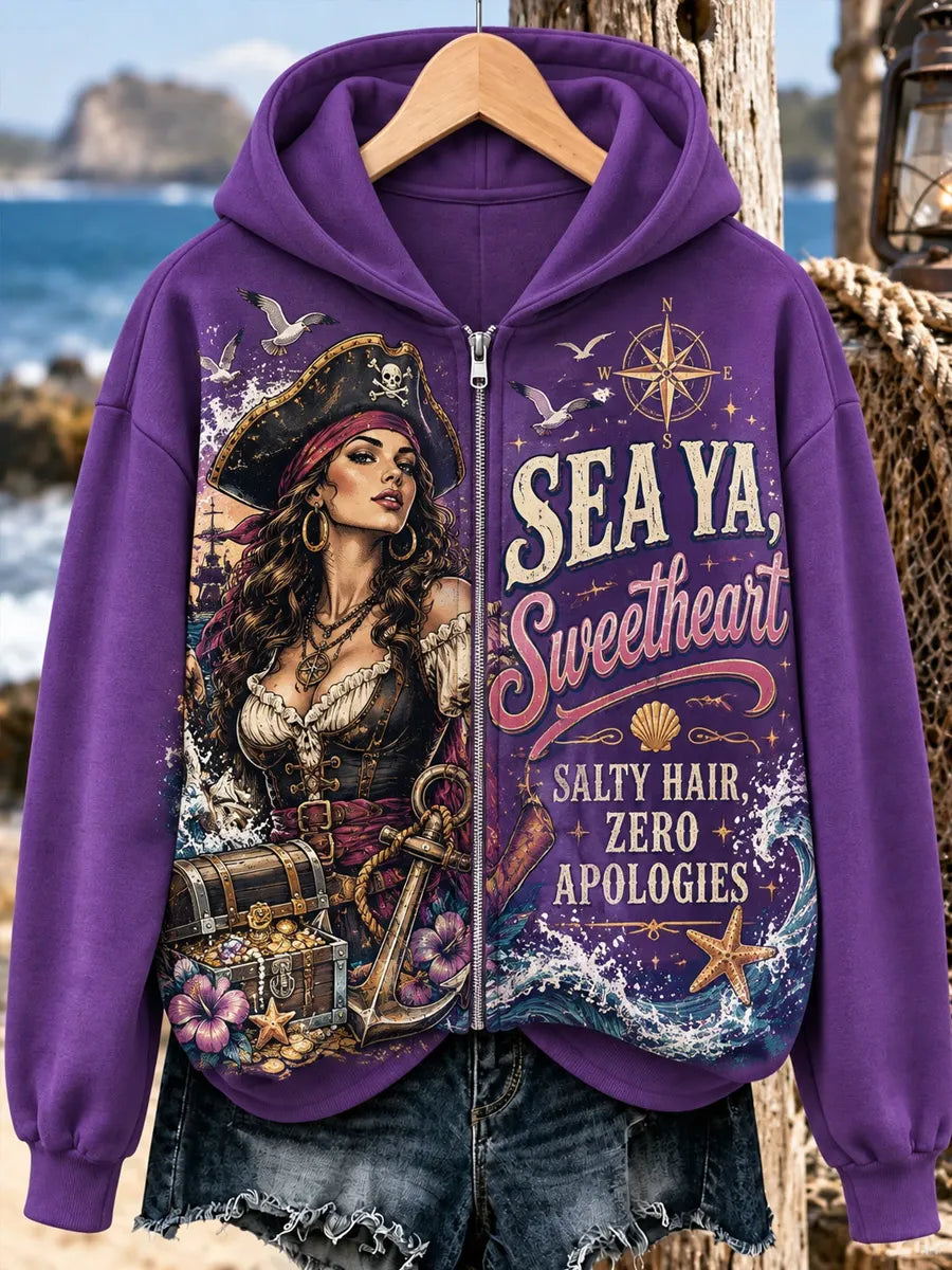 Women’s Sea Ya, Sweetheart Pirate Queen Graphic Zip-Up Hoodie
