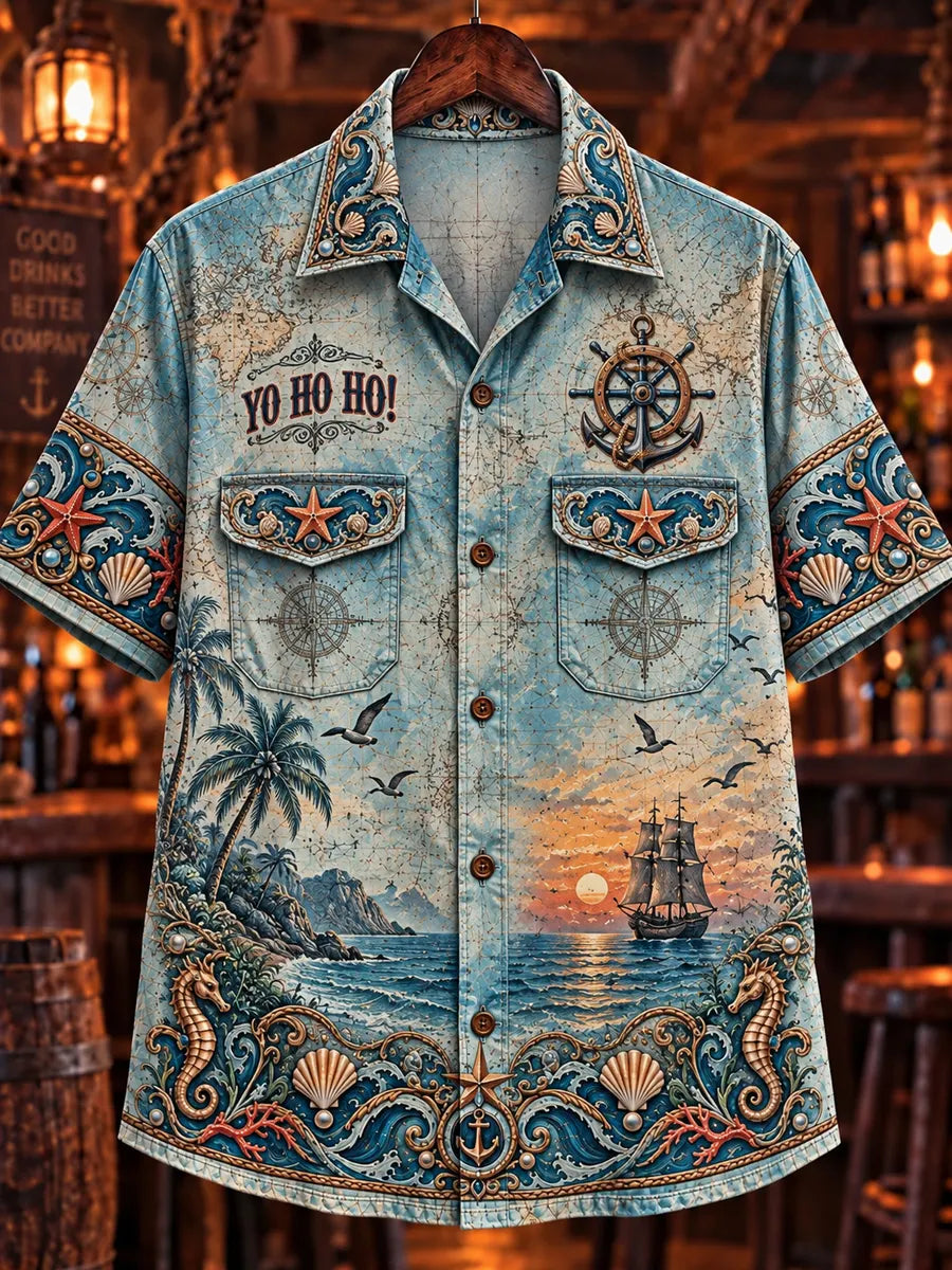 Men’s Vintage  "LOST WITH THE SEA MONSTERS " Old Salt Printed Short Sleeve Shirt