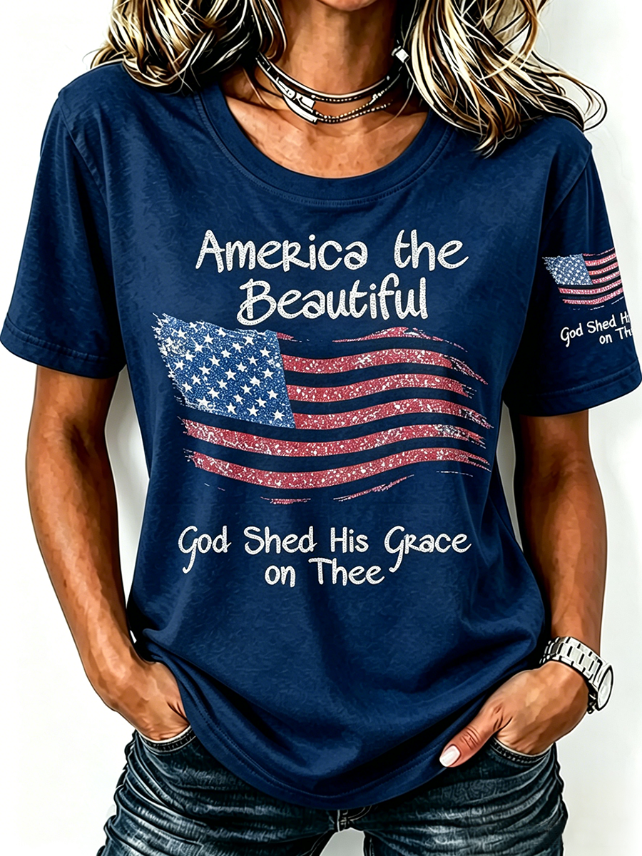 American Flag Faith Commemorative Printed Round Neck T-Shirt