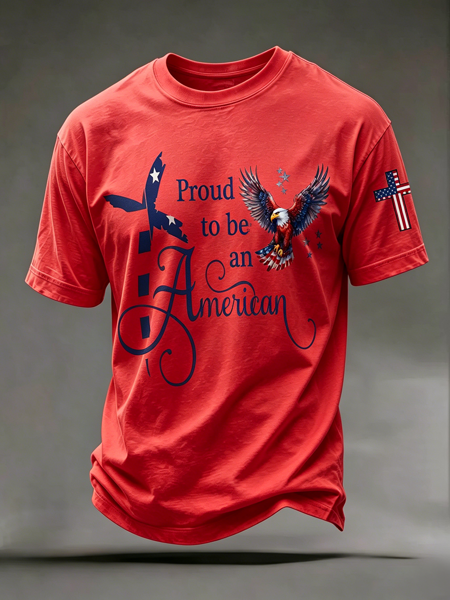 American Faith Cross Slogan Commemorative Print Round Neck T-Shirt