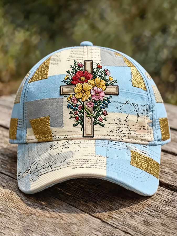 Cross Floral Embroidered Patchwork Christian Baseball Cap
