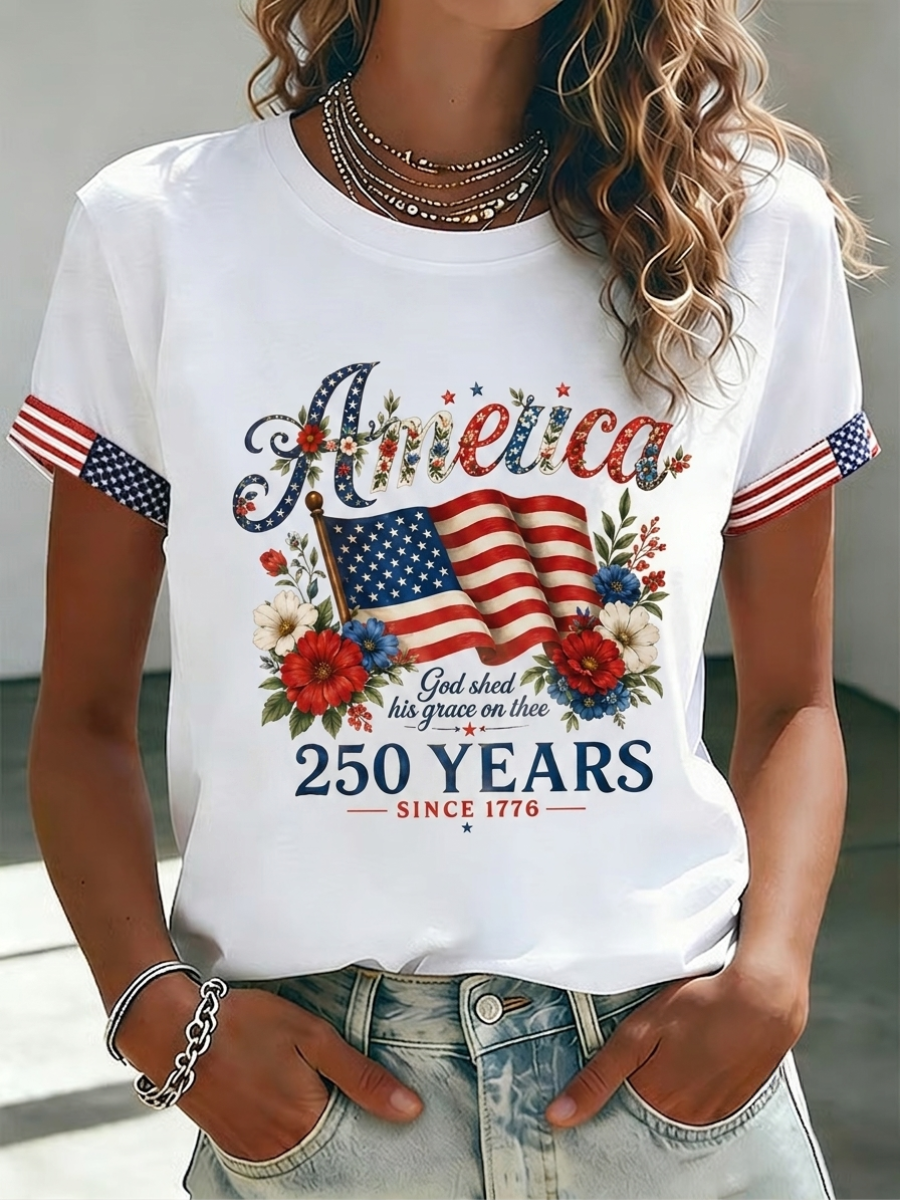 Women's Love for Jesus American Flag Cross Color Short Sleeved T-Shirt