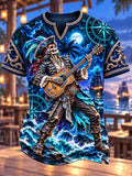 Moonlit Rock Pirate Skeleton Guitar Nautical Map Men's T-Shirt