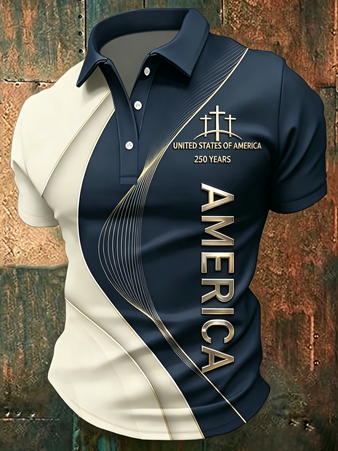 Men'S American Flag Print Casual Polo Shirt
