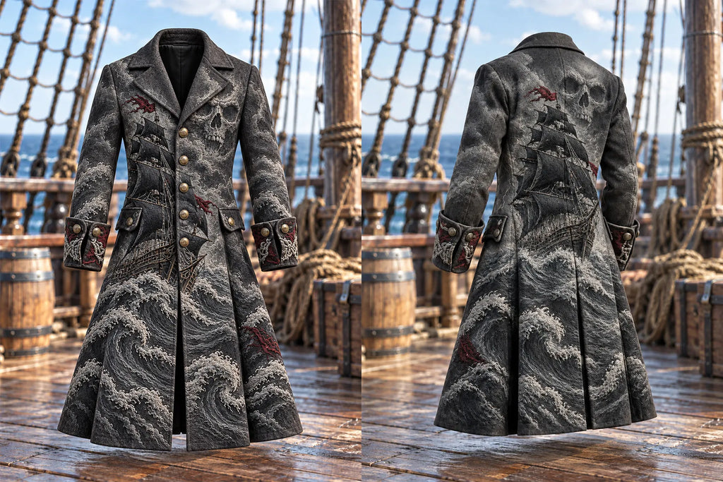 🏴‍☠️ Men's Ghost Ship & Skull Ocean Waves Pirate Coat