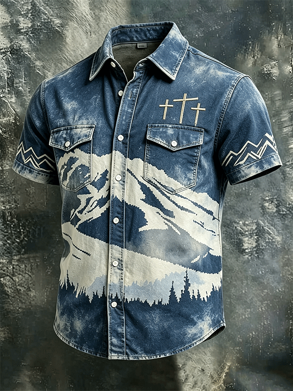 Men's Three Cross Mountain Vintage Washed Short Sleeve Shirt