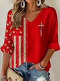 Women'S 250Th Anniversary Flag Cross Commemorative Print V-Neck