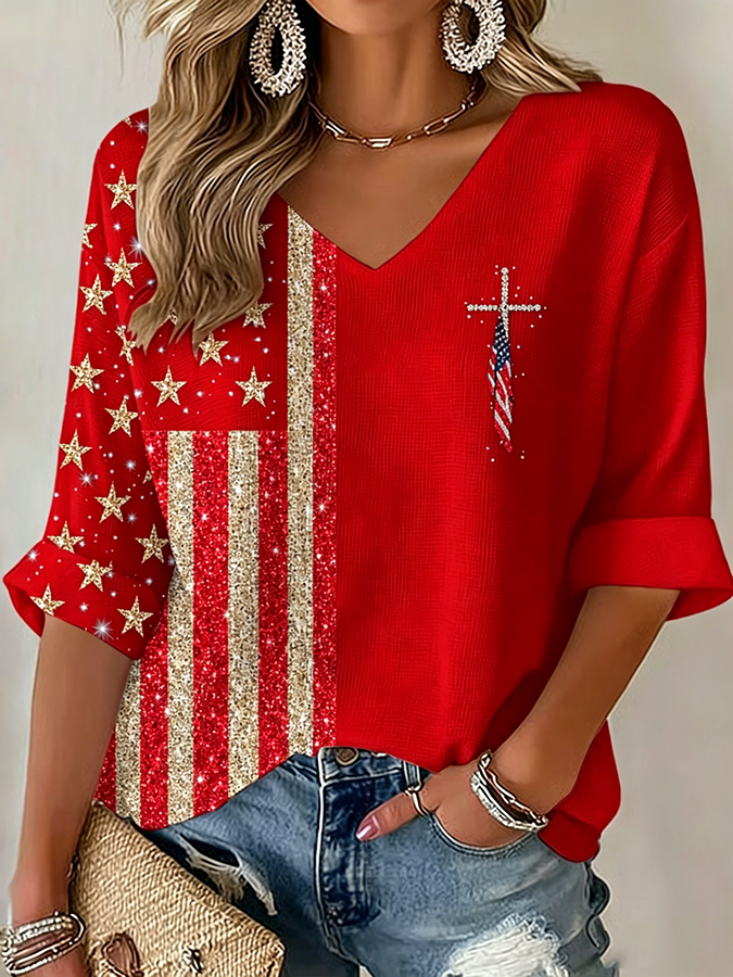Women'S 250Th Anniversary Flag Cross Commemorative Print V-Neck