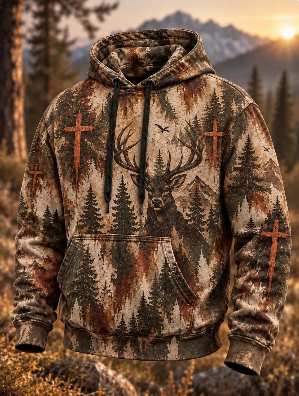 🌲 Cross & Pine Forest Deer Camo Vintage Hoodie