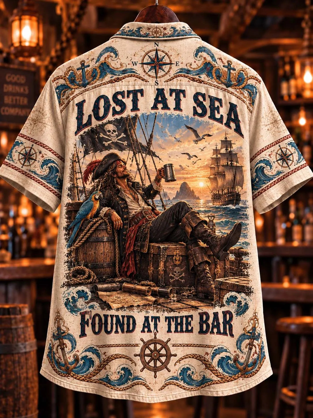 Pirate Relaxing with Beer and Parrot Hawaiian Shirt ☠️