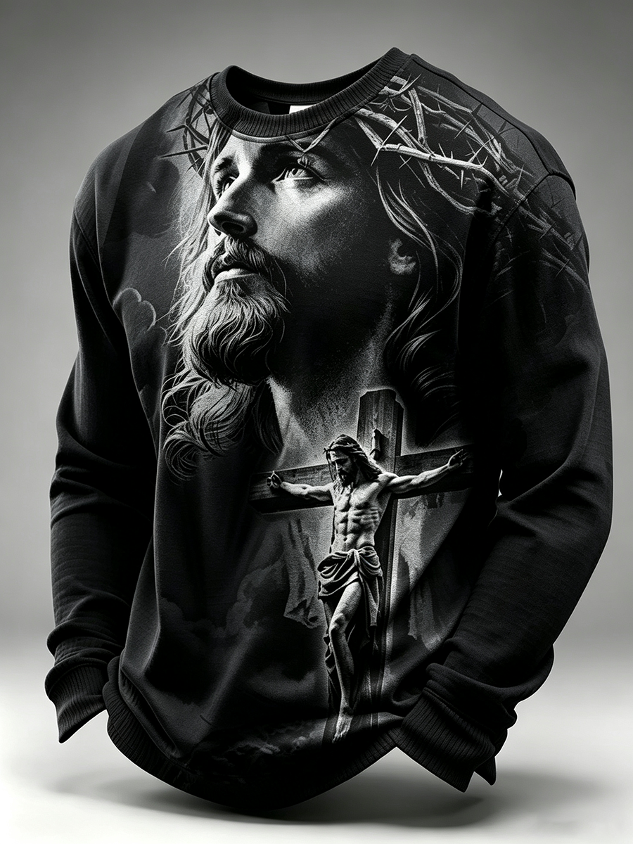 Religious Belief Jesus Cross Print Waffle Long Sleeved Shirt