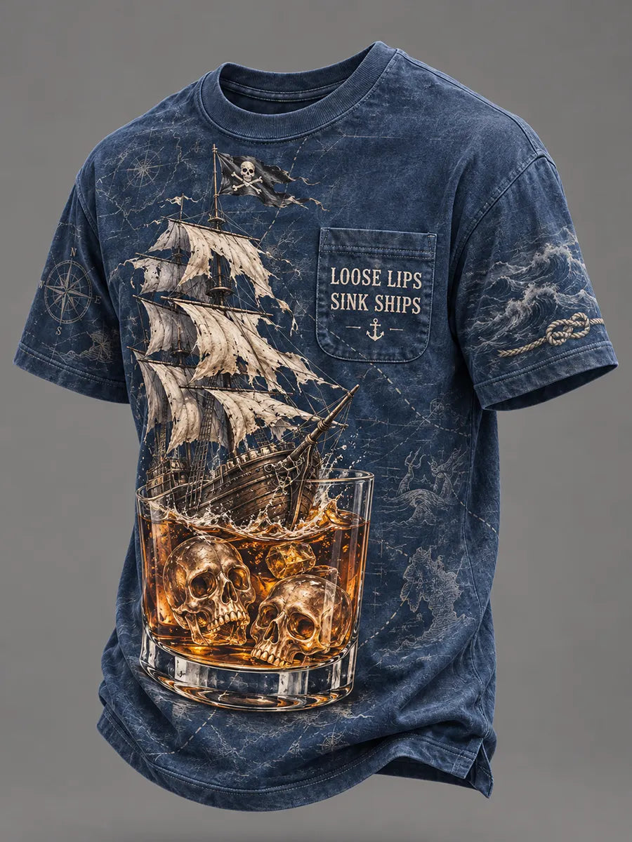 💀⚓"Midnight Toast" Whiskey & Pirate Ship Blue Tee🌊