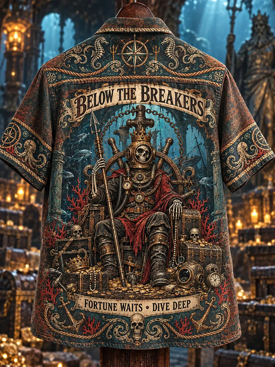 Men’s Vintage Deep-Sea Skeleton King & Sunken Treasure Short-Sleeve Shirt
