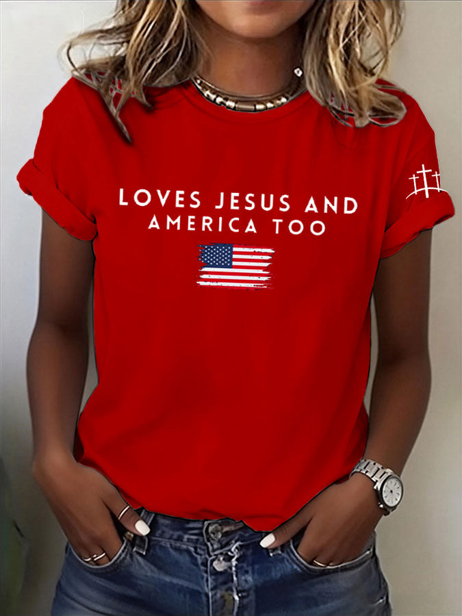 Women'S Love Jesus And America Too Printed Casual T-Shirt